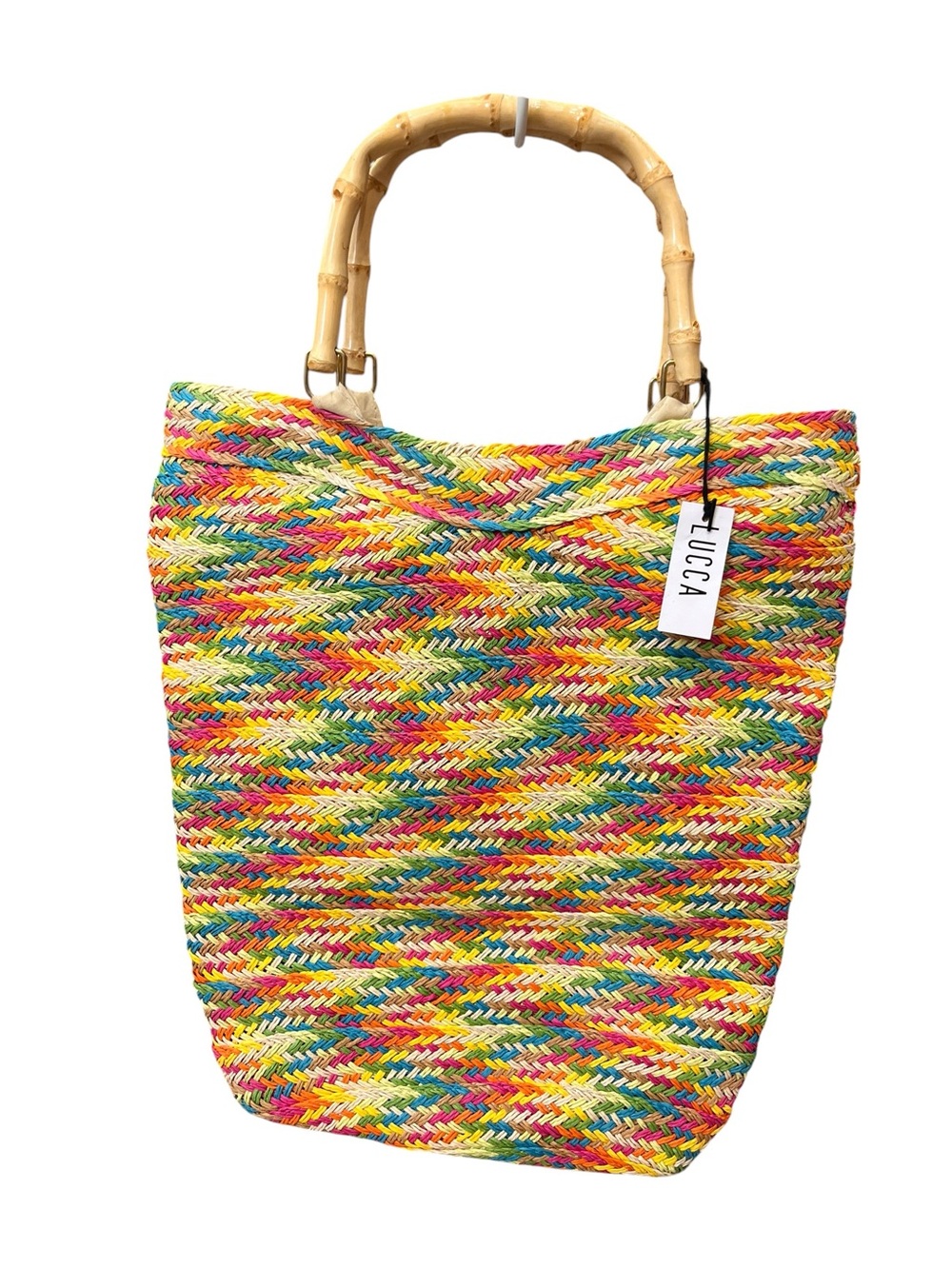 Lucca Rainbow Woven Straw Tote Bag Bamboo Handles Colorful Beach Shopper NWT